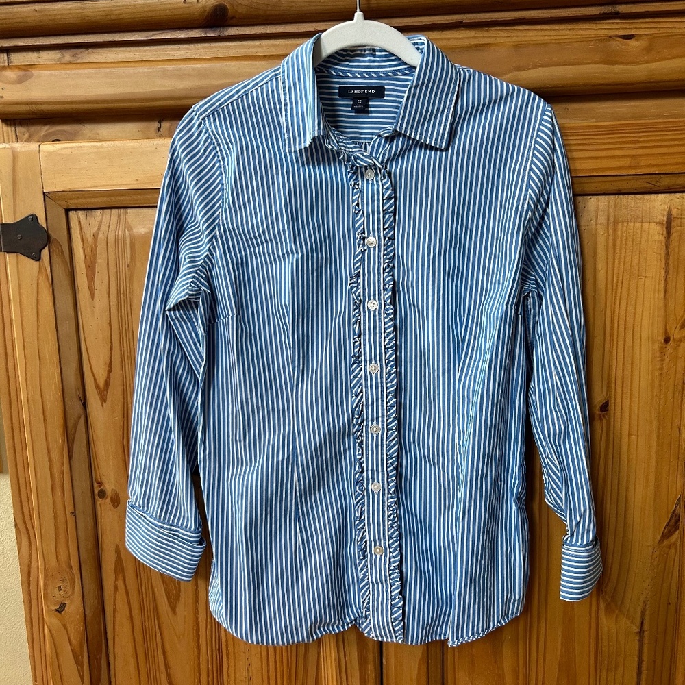 Lands End Long Sleeve Shirt Button Up Blue‎ White Stripe Women's 100% Cotton 12